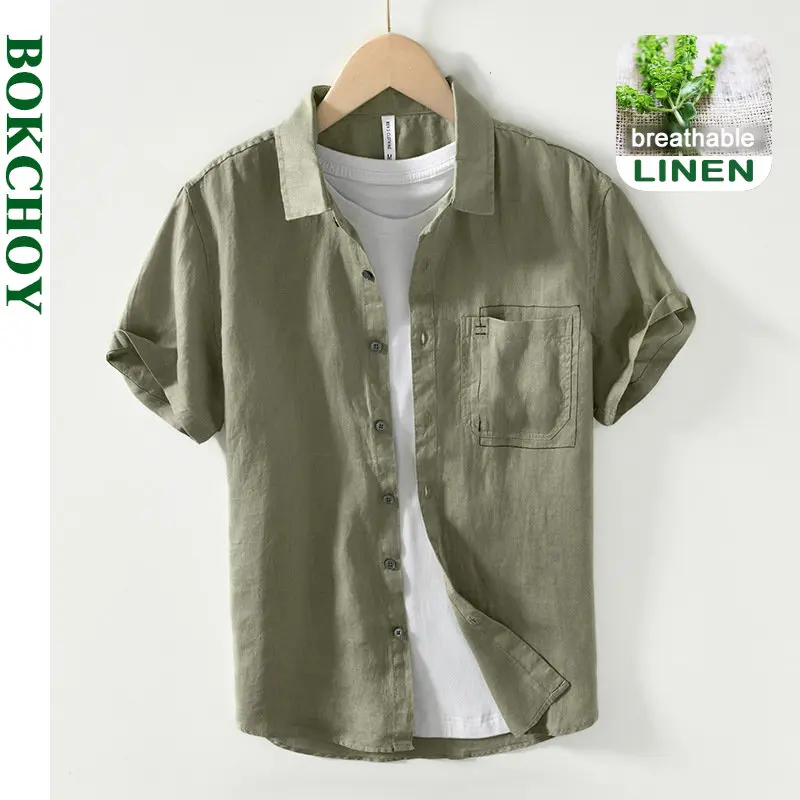 Summer New Casual Cargo Short Sleeve Shirts for Men Pure Linen Simple Slim Thin Men Clothing BL993