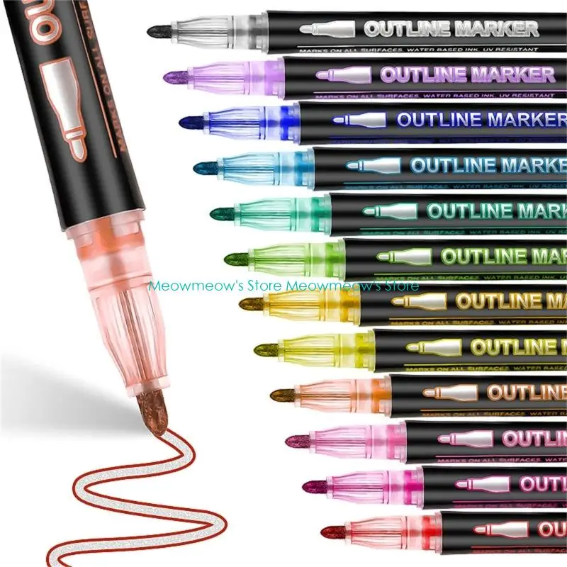 

W91A Блестящие контурные маркеры с двойной линией, блестящие ручки с металлическими чернилами для творческих проектов, гладкое,
