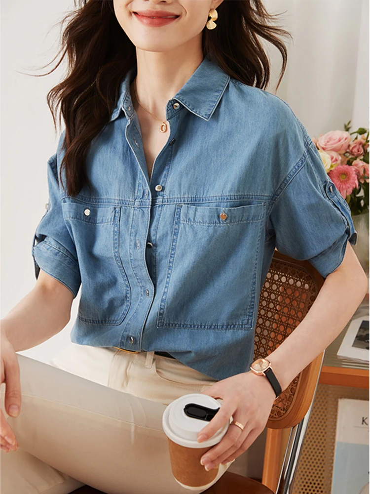 Temperament Lapel Denim Shirt Women 2024 Summer New Single-Breasted Vintage Blouses Female Loose Fashion Cowboy Tops