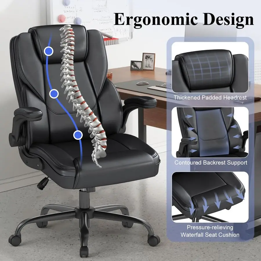Ergonomic Executive Office Chair, Mid Back PU Leather Computer Desk Chair with FlipUp Armrests, Lumbar Support, Adjustable Heigh