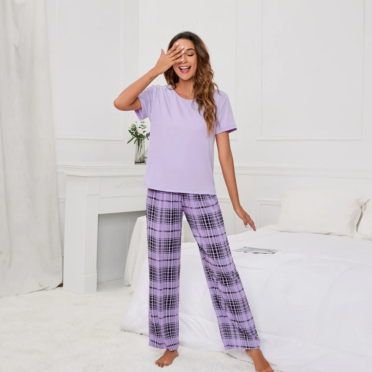 

New Women's Color round Ne T-irt Plaid Print Casual Home Clothes ort Sve Long Pants Spwear
