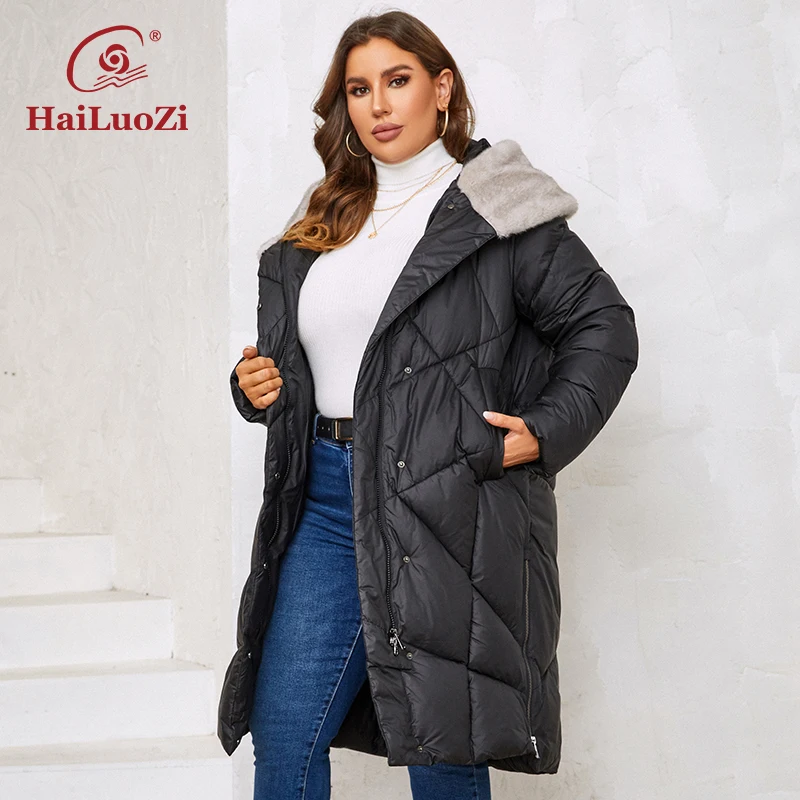 HaiLuozi-Casacos acolchoados com capuz para mulheres, casacos elegantes, Parkas longos e quentes, alta qualidade, plus size, novos, inverno, 1131,