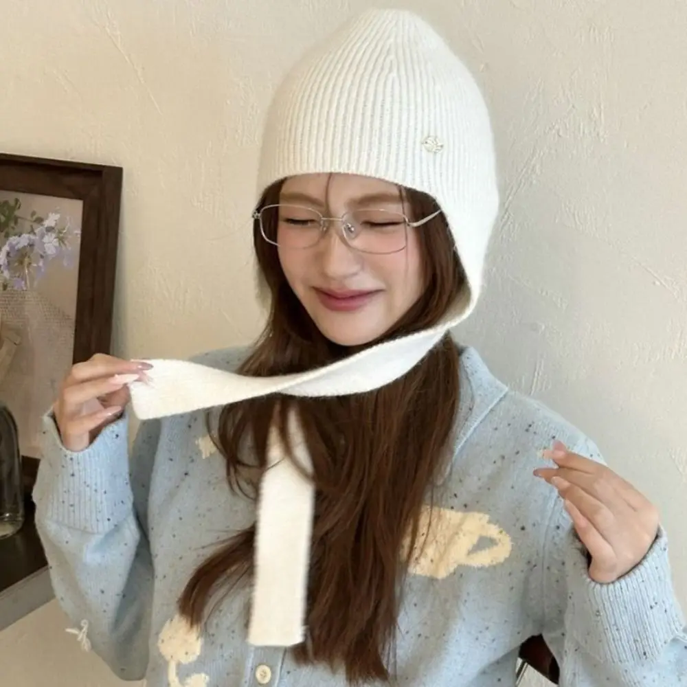 

Cute Keep Warm Knitted Hat Ear Protection Coldproof Woolen Crochet Beanies Cap Solid Color Polyester Girls Pullover Cap Winter