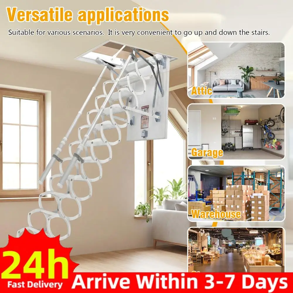 

12 Steps Pull Down Attics Ladders with Handrails Wall-Mounted Staircase 660LBS Capacity Height Adjustable For Home Duplex Villas