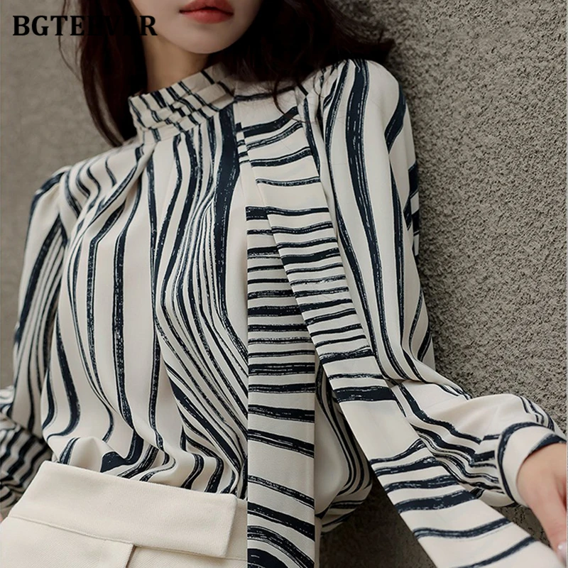BGTEEVER Elegant Stand Collar Lace-up Striped Printed Blouses for Women Stylish Long Sleeve Loose French Female Shirts