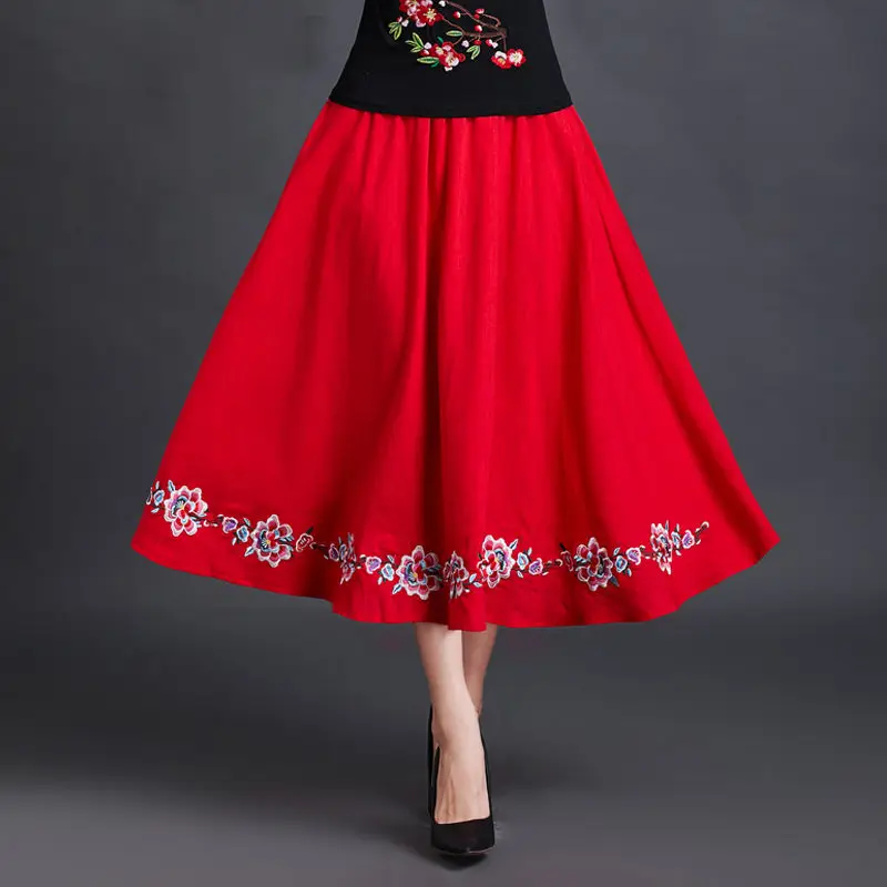 Ethnic Hanfu Skirt Vintage Chinese Style Printed Elastic Waist Women Dance Costume Cotton Linen Embroidered Elegant Black Red