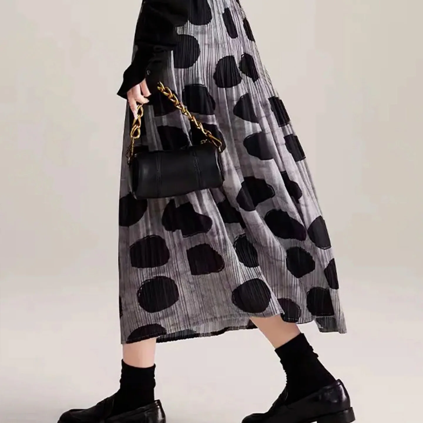 مياكي مطوي 2025 جديد ريترو البولكا نقطة بوستير تنورة الإناث مرونة الخصر رقيقة مطوي كبير سوينغ تنورة طويلة تنوعا #3