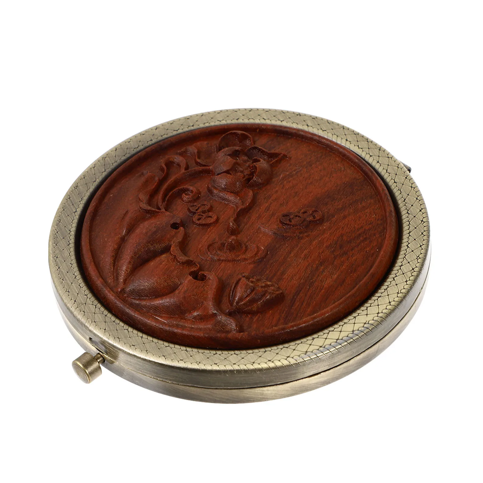 Travel Makeup Mirror Compact Foldable Round Wood Metal Portable Mirror for Women Small Lightweight Handbag Essential