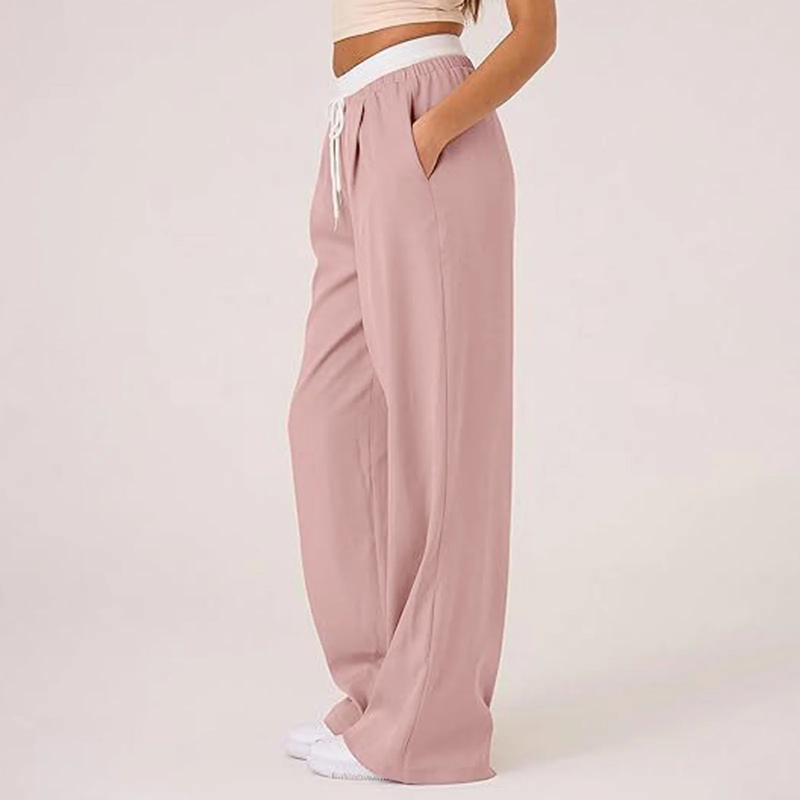 Color Block Women Casual Pants Fashion High Waist Drawstring Loose Wide Leg Trousers Fitness Jogger Sweatpants Pantalones Mujer