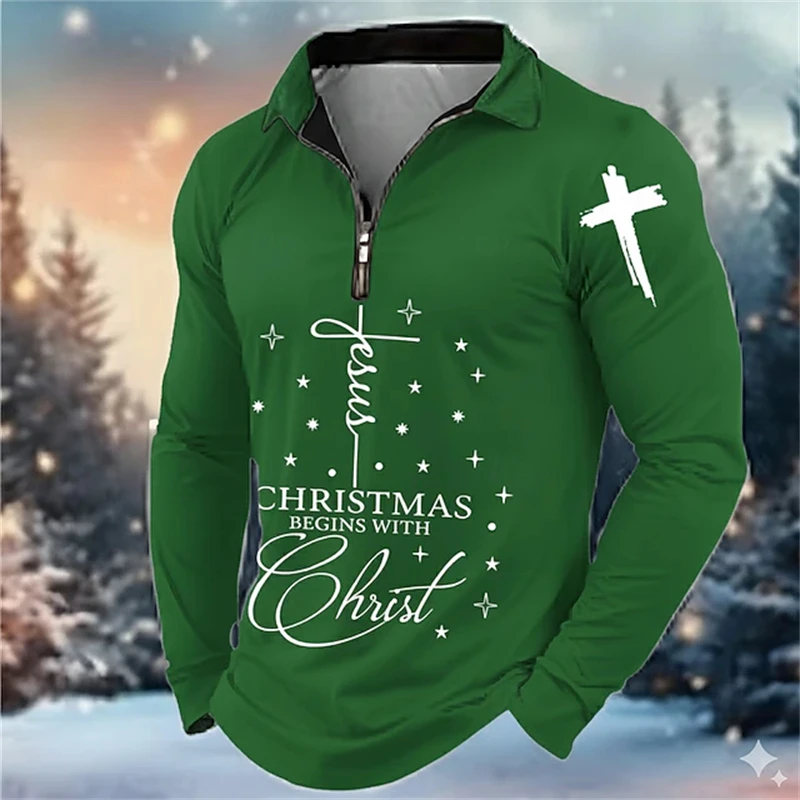 

2026 Новая мужская рубашка поло на молнии с рождественским принтом и длинными рукавами, стильная уличная рубашка, удобная и дышащая