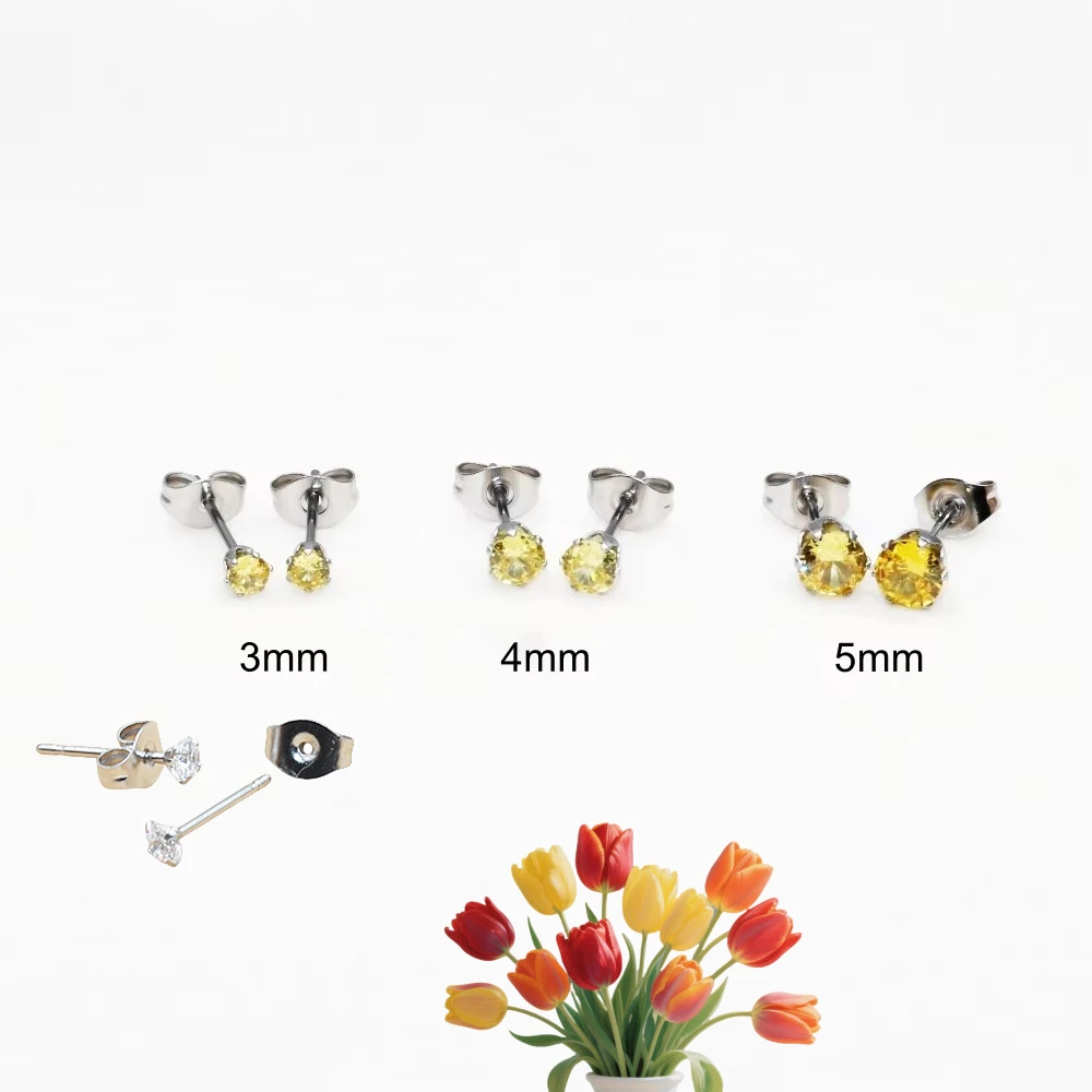 20987 Mini Push Back Stainless Steel AAA Golden Zircons Brief Stud Earrings For Men Women 3 4 5mm No Fade Allergy Free