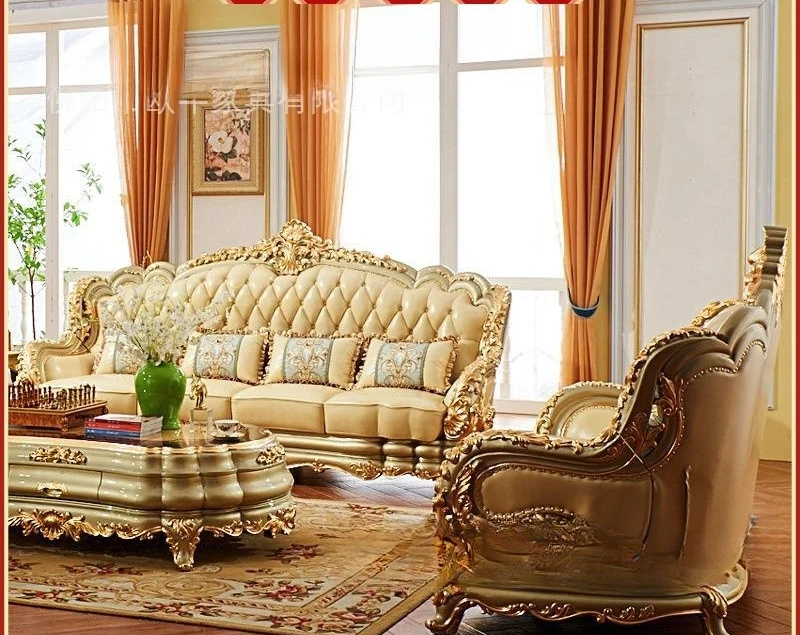 European style sofa, American luxury all solid wood first layer cowhide leather sticker gold foil villa living room