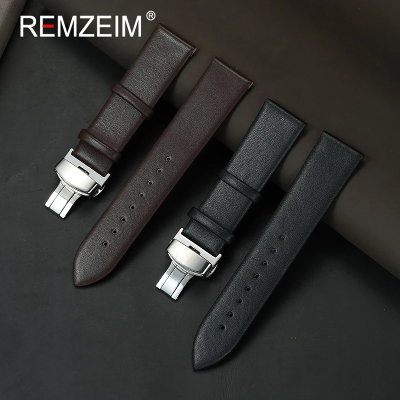 

Butterfly Clasp Ultra-thin Leather Wrist Belt 18mm 20mm 22mm Brown Green Pink Wristwatch Band Women Men Watchband Accessories