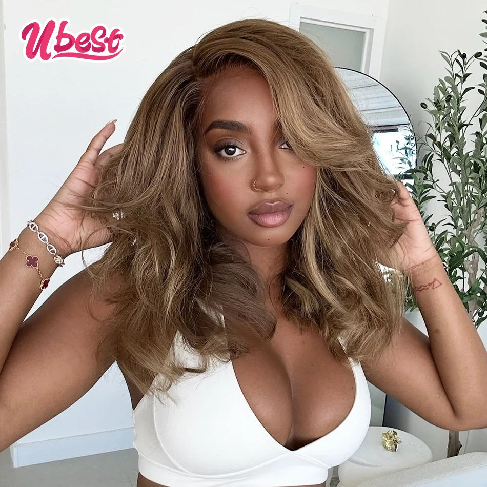 Ubest 13X6 Прозрачные парики фронта шнурка Объемная волна 100% человеческие волосы Светло-коричневый цвет 250% Плотность 6x4 Парик Предварительно выщипанный для женщин