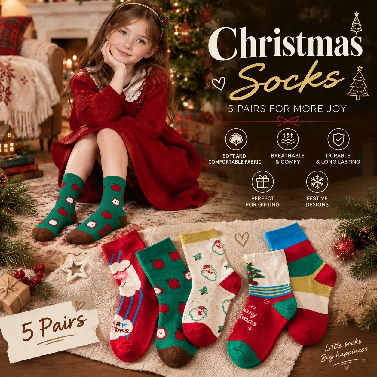 5 Pairs Kids Christmas Crew Socks, Santa Xmas Tree Print, Soft Breathable Mid Calf Socks Boys Girls Winter Holiday Gift