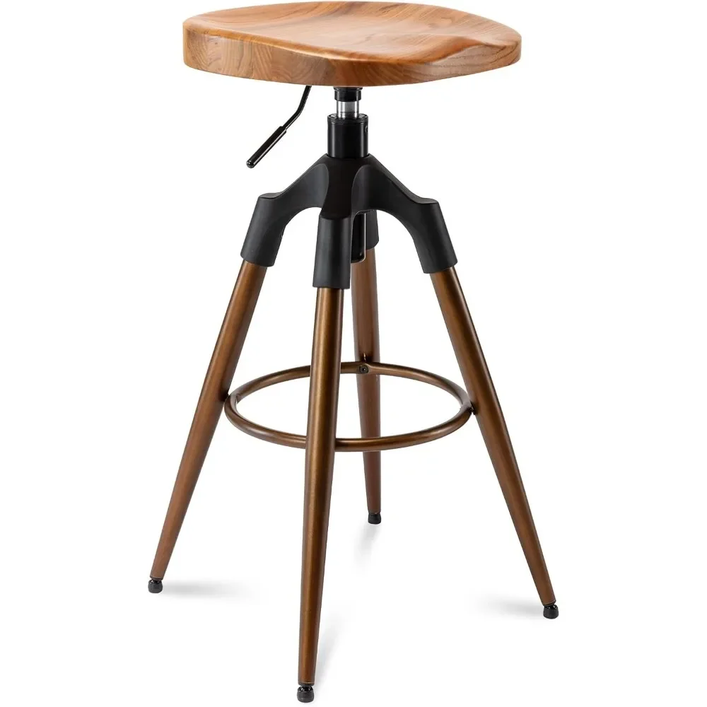 29-32.5 Inch Industrial Adjustable Bar Stool, Swivel Wood Seat Barstool With Metal Legs, Backless Heavy Duty