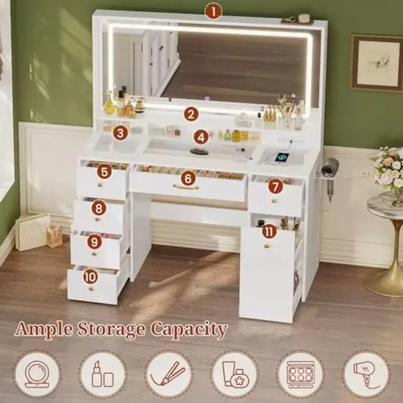 49.3“Large Vanity LED Mirror with Lights,Makeup Vanity Desk with 6 Drawers,Power Outlet,Glass Tabletop,Storage