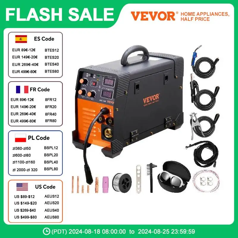 VEVOR MIG Welder 250/200/160A TIG Arc Welder 3 in 1 Welding Machine Stick IGBT DC Inverter Digital Display Combo Work, and DIY