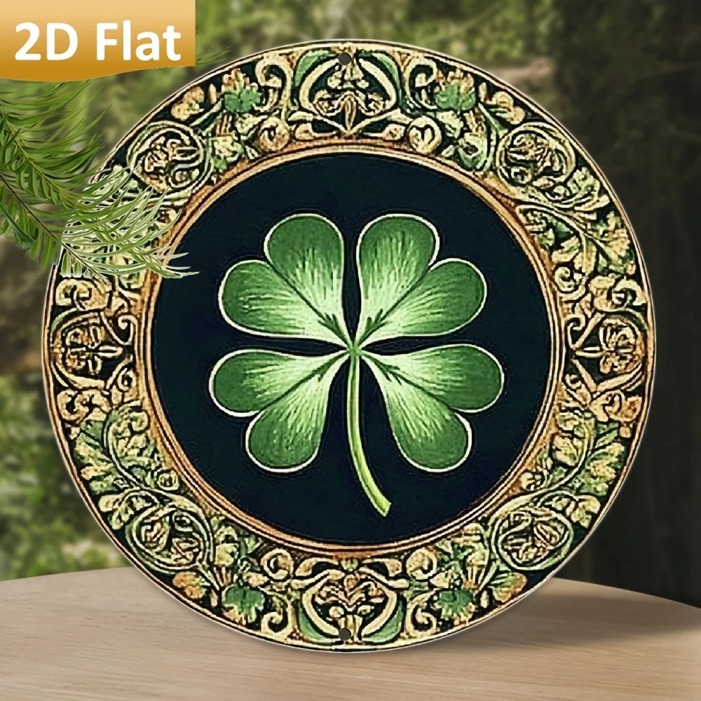 2D Flat St.Patrick's Day Wall Art Decorative Sign, Vintage Four-leaf Clover Pattern Aluminum Sign Circular Metal Sign Artistic W