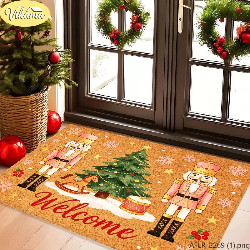 VIKAMA Christmas Doormat Nutcracker Tree Rocking Horse Drum Coir Entrance Doormat for Outdoor Front Door Porch Xmas Home Decor