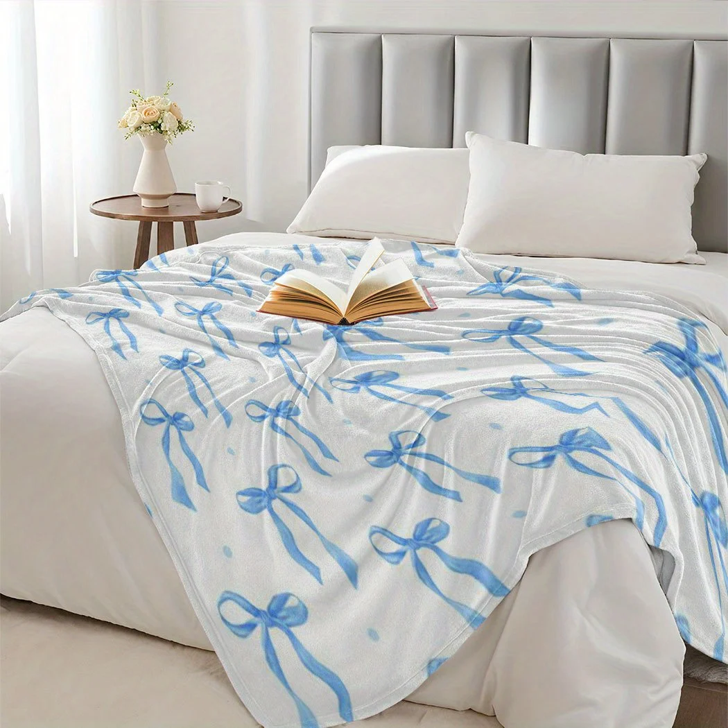 1pc Flannel Blanket, Blue Bow Pattern - Exquisite Design, Suitable for All Seasons for Naps, Office, Sofa, Car - Excellent Gift Choice, Durable Edges, Fun Shape, Small Throw Blanket