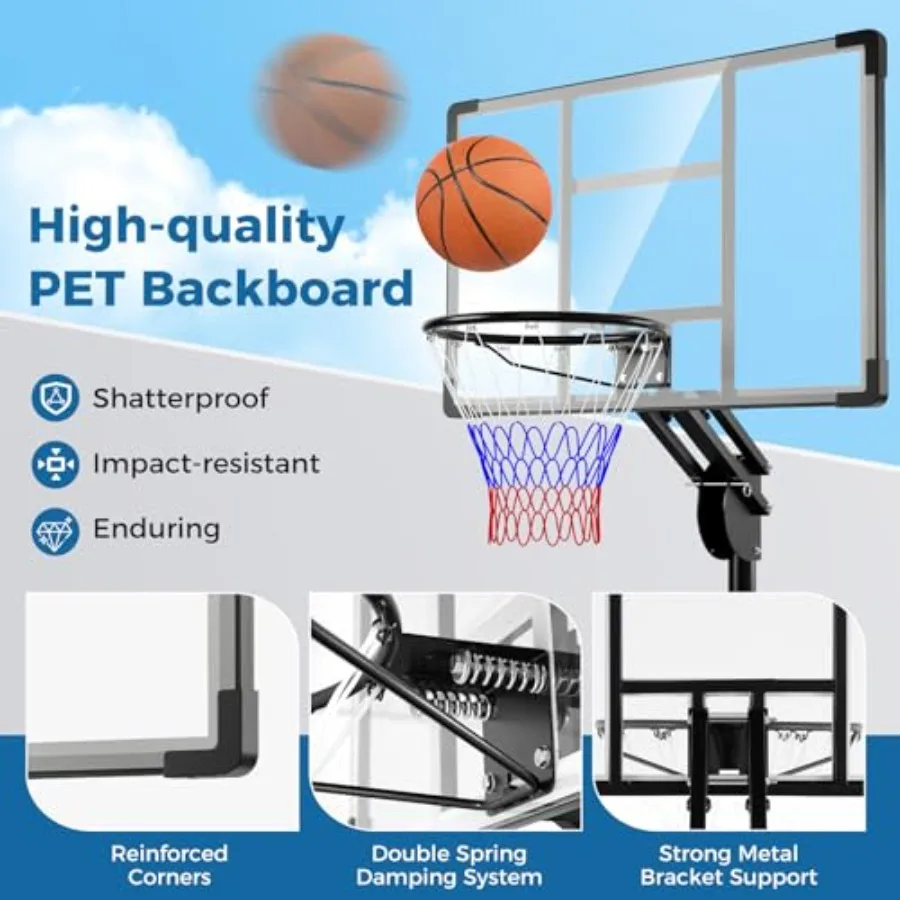 ห่วงบาสเก็ตบอลกลางแจ้งพร้อมขาตั้งปรับความสูงได้ตั้งแต่ 4.9 ถึง 10 ฟุต ดีไซน์พกพาสะดวกพร้อมแผ่นหลังกันแตก 2 ล้อ F