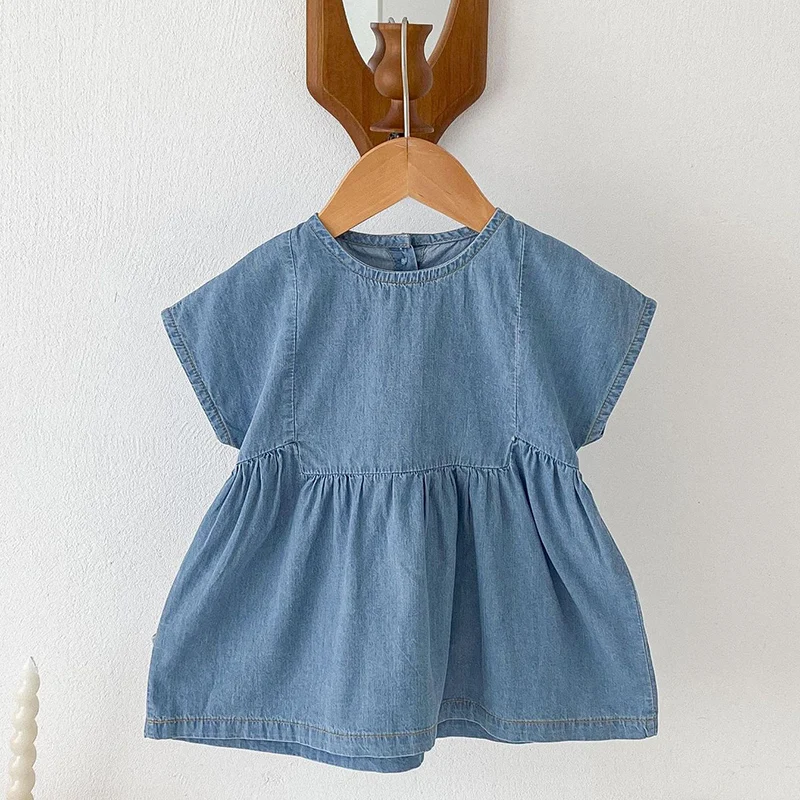 2024 New Summer Kids Clothing Set Infant Baby Romper Kids Princess Dresses Sleeveless Solid Color Denim Sister Clothing