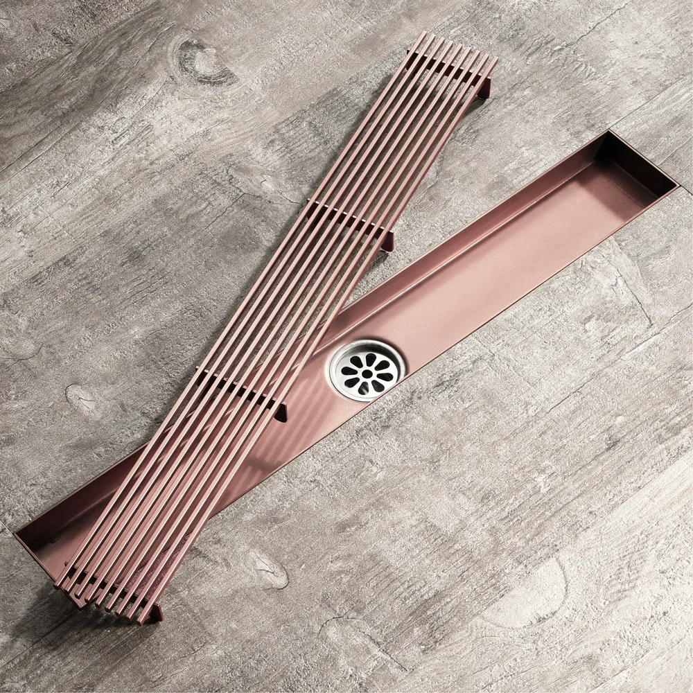 Bathroom Long Brushed Rose Gold Floor Drains Antique Floor Drain Strainer Black Bath Drain SUS304 Brush GoLd Drainers
