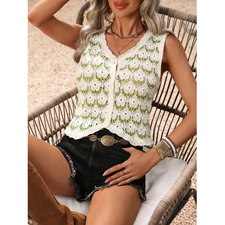 

Ele V-Ne Knitted Flower Me Women's Vest Summer Thin Polyester Blend Sweet Sle ort Length Open Cardigan Outerwear