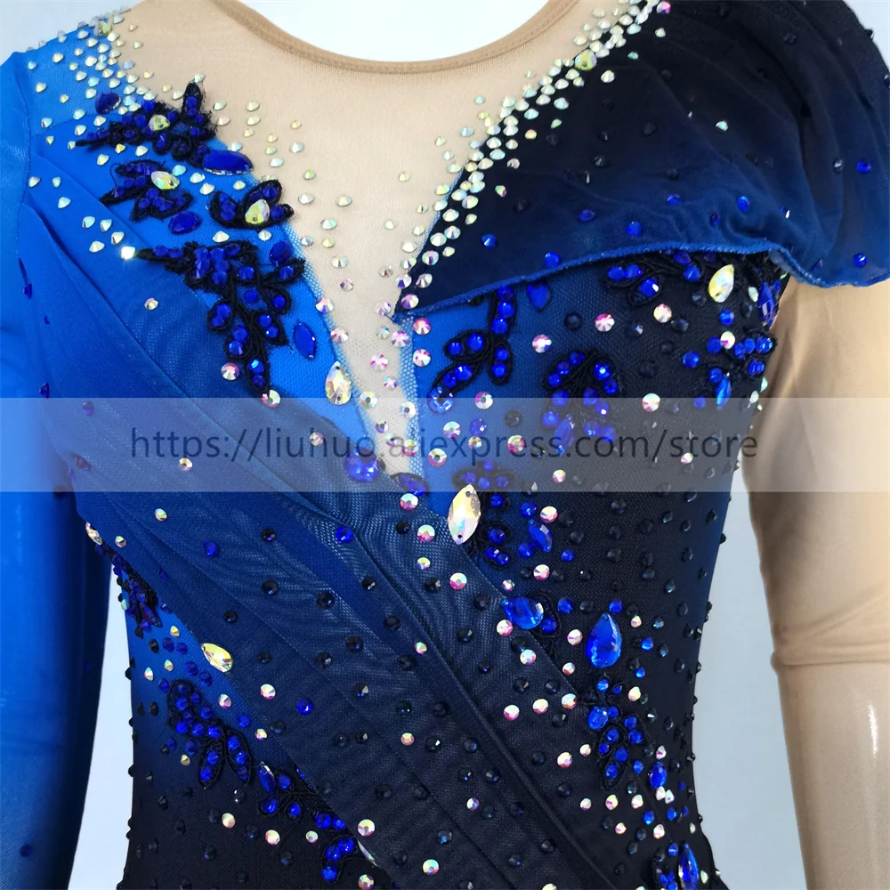 LIUHUO Women Aldult Teen Girl Customize Costume Performance Competition Leotard Ice Figure Skating Dress Dance Blue Skirt Roller