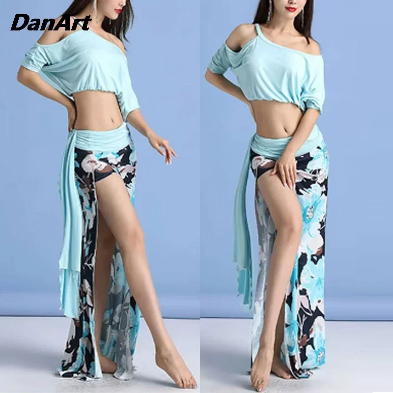 Neues Damen-Bauchtanzkostüm für Herbst und Winter, sexy bedrucktes geteiltes Übungskostüm mit Sicherheitshosenfunktion