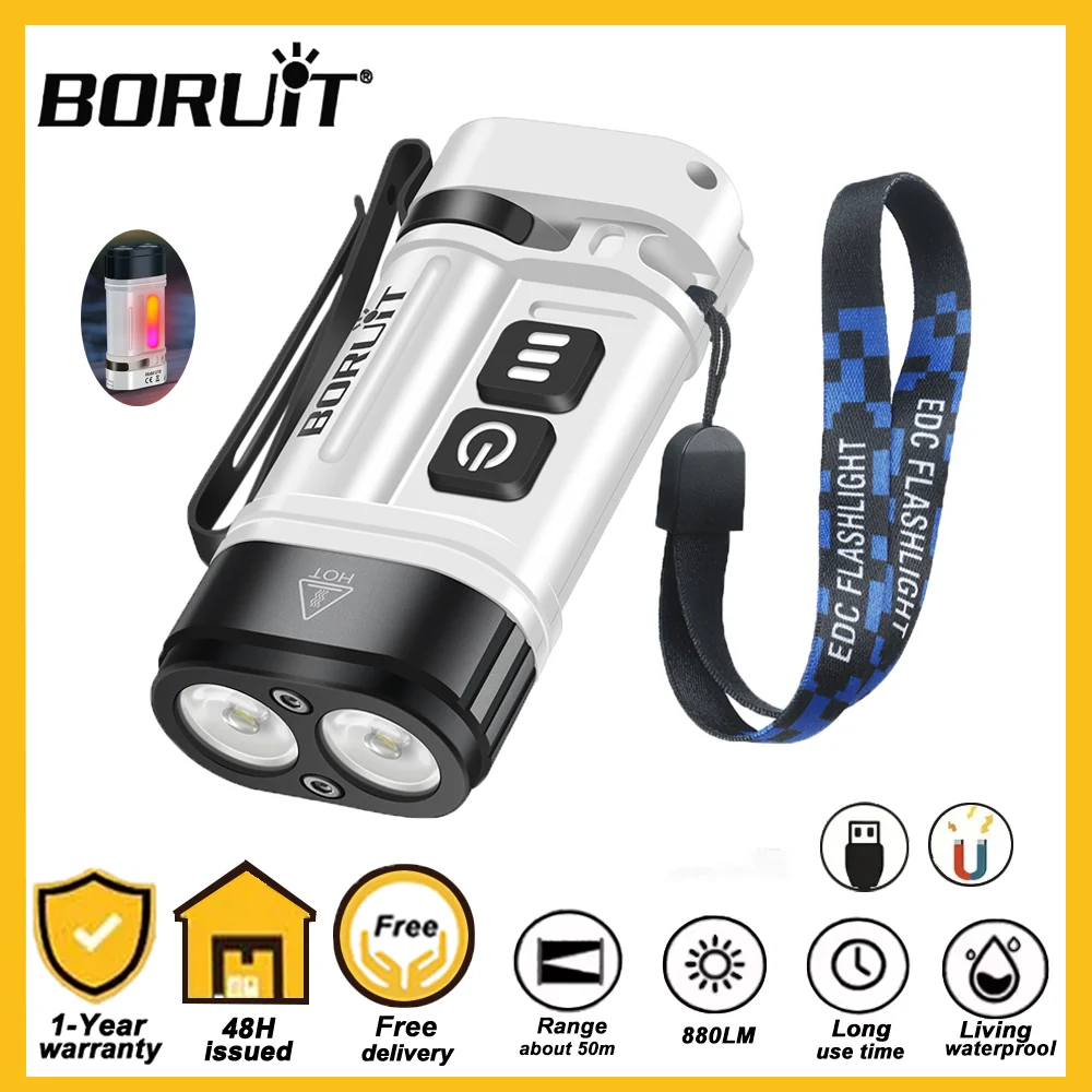 BORUiT U10 LED Flashlight 880LM Super Bright Mini Torch Magnetic Portable Work Light Powered by 14500 Battery for Camping Pocket