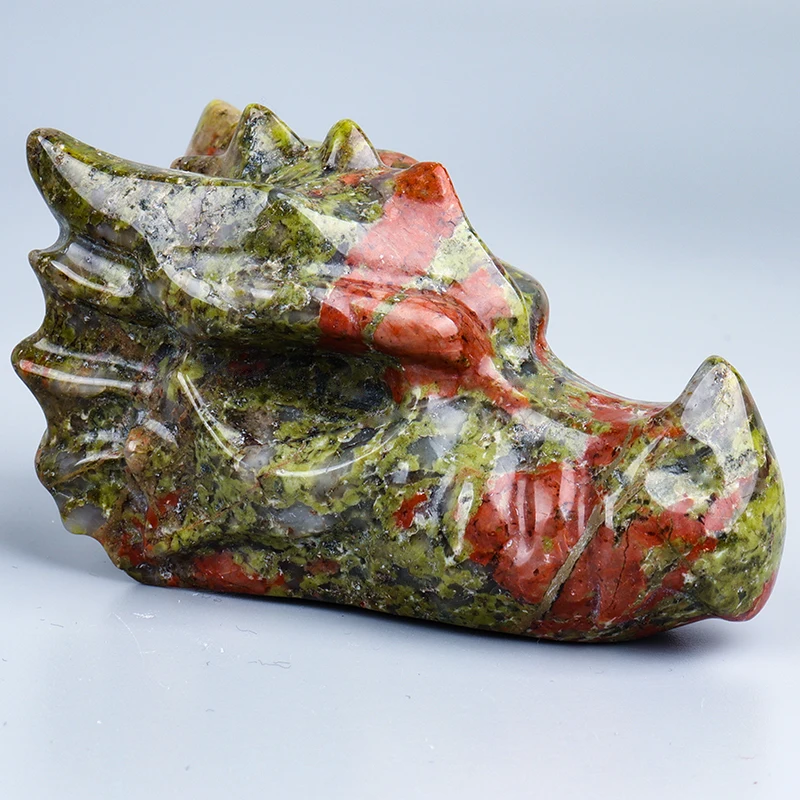 Big Size Natural Unakite Dragon Skulls Figurine, Healing Blue Jade, Hand Craved Animal Statue, Crystal Craft Chakra Decor, 3