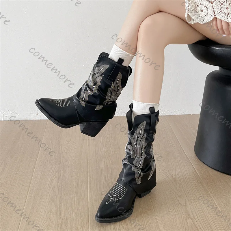 

Comemore винтажные осенние женские ковбойские сапоги до середины икры на толстом высоком каблуке в стиле вестерн, модные женские короткие ботильоны без шнуровки с вышивкой