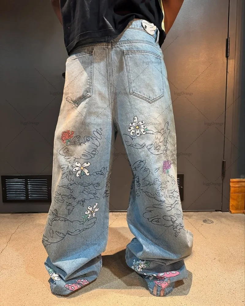 2025 Harajuku Y2K ملابس الشارع النسائية Kawaii الملابس الرجعية الكرتون فضفاض الجينز الهيب هوب الكتابة على الجدران عادية الدنيم مستقيم واسعة الساقين