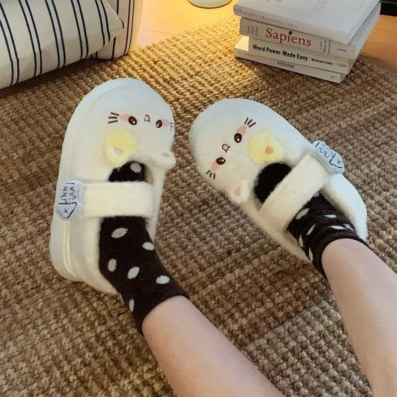 오리지널 일본 카와이 로리타 코튼 신발 가을 겨울 소녀 슬리퍼 귀여운 만화 고양이 실내 매직 테이프 두꺼운 밑창 신발