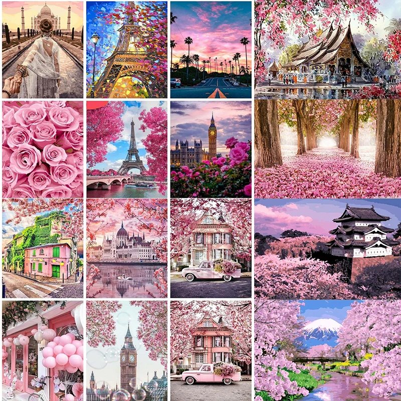 

GATYZTORY DIY Frame Painting By Numbers Pink Landscape HandPainted Art Gift Scenery Canvas Drawing Home Decor 60x75cm