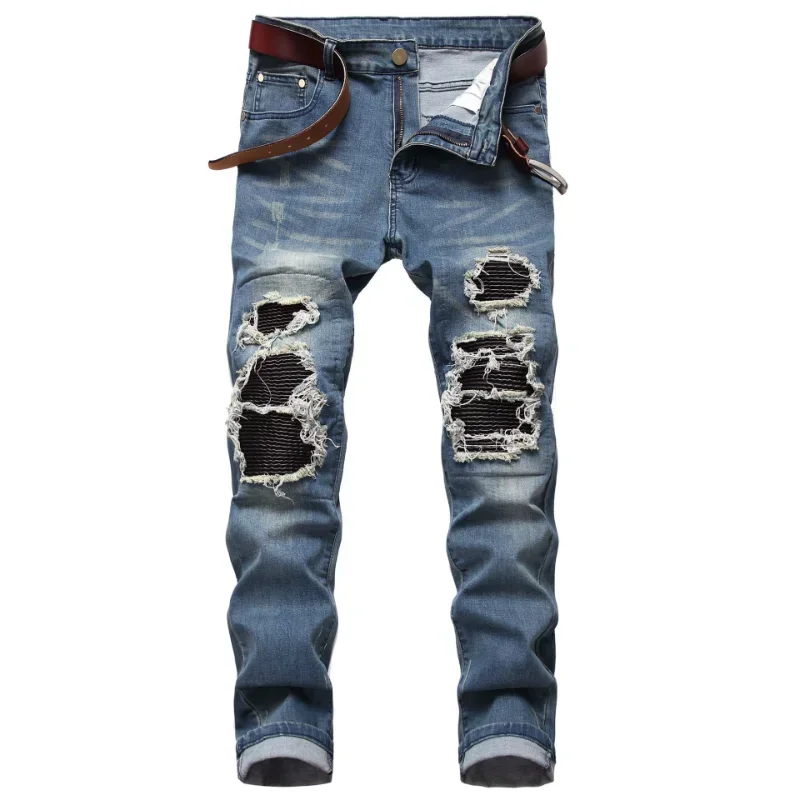 2021 Kanye West Hole Ripped Punk Men Stretch Pencil Jeans Trousers Patch Leather Hip Hop Stylish Skinny Denim Pants Moda Hombre