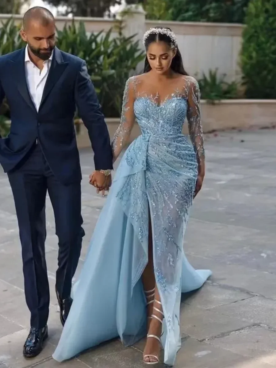 Arabic Party Dress Side Slit Prom Dresses Wedding Party Gown Blue Dubai Luxury Beaded Long Slevees Evening Dress Customized