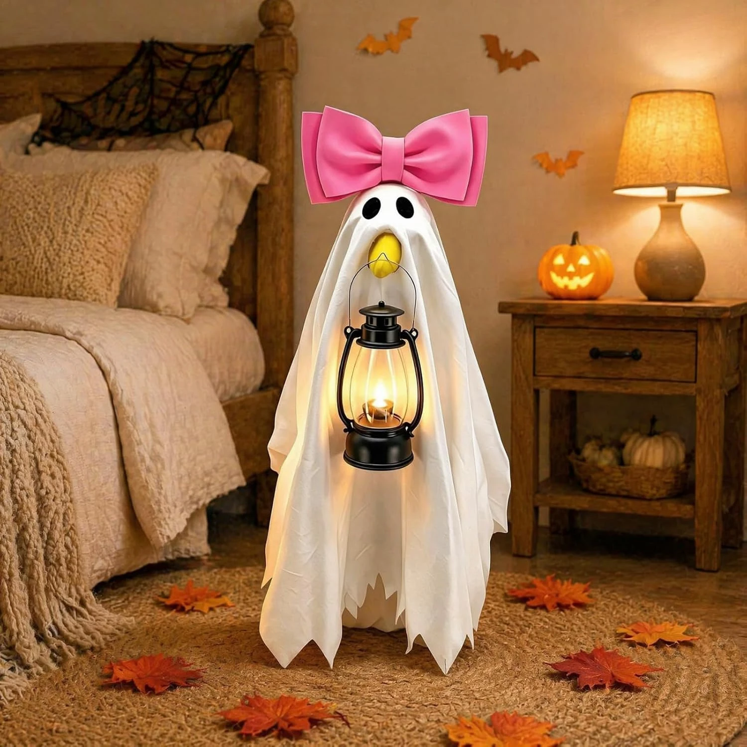 Cute Halloween Goose Clothing Set White Floating Specter with Bow Lantern Two Style Options for 23 Inch Goose Statue