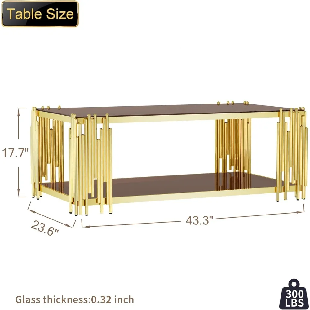 Modern Rectangular Brown Glass Coffee Table with Gold Accents and Stainless Steel Legs