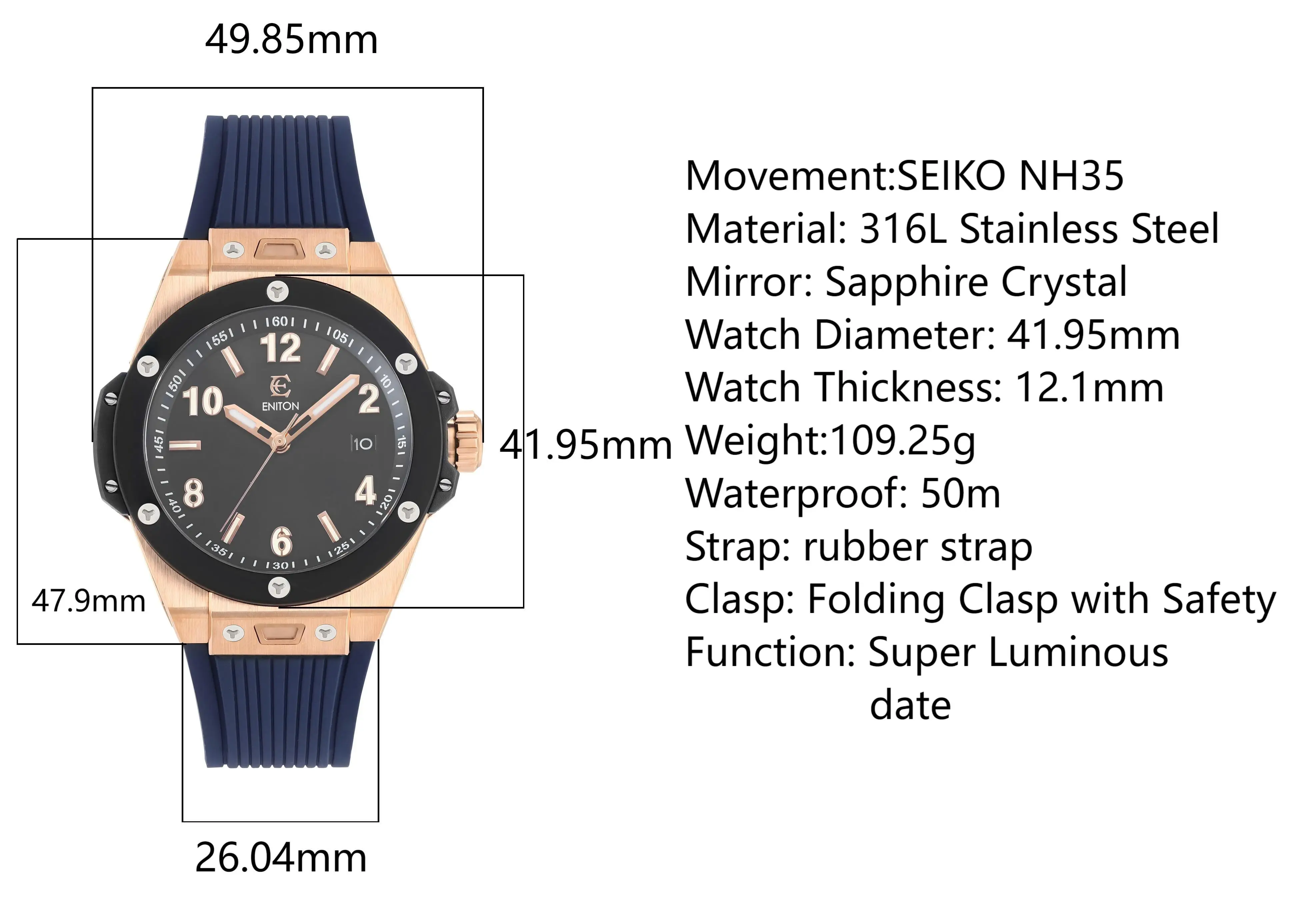 ENITON 40mm Luxury Horloges Here Automatic Sport Business Men's Watch Rose Gold Relojes de Pulsera Mec á nicos NH35 Men's Watch