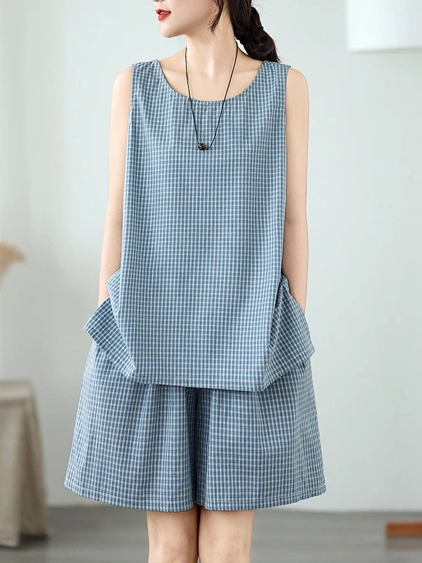 

Summer 2026 Women's Loose Fit Plaid Sleeveless Vest And Shorts Two Piece Set Breathable Lightweight Cotton Casual Style