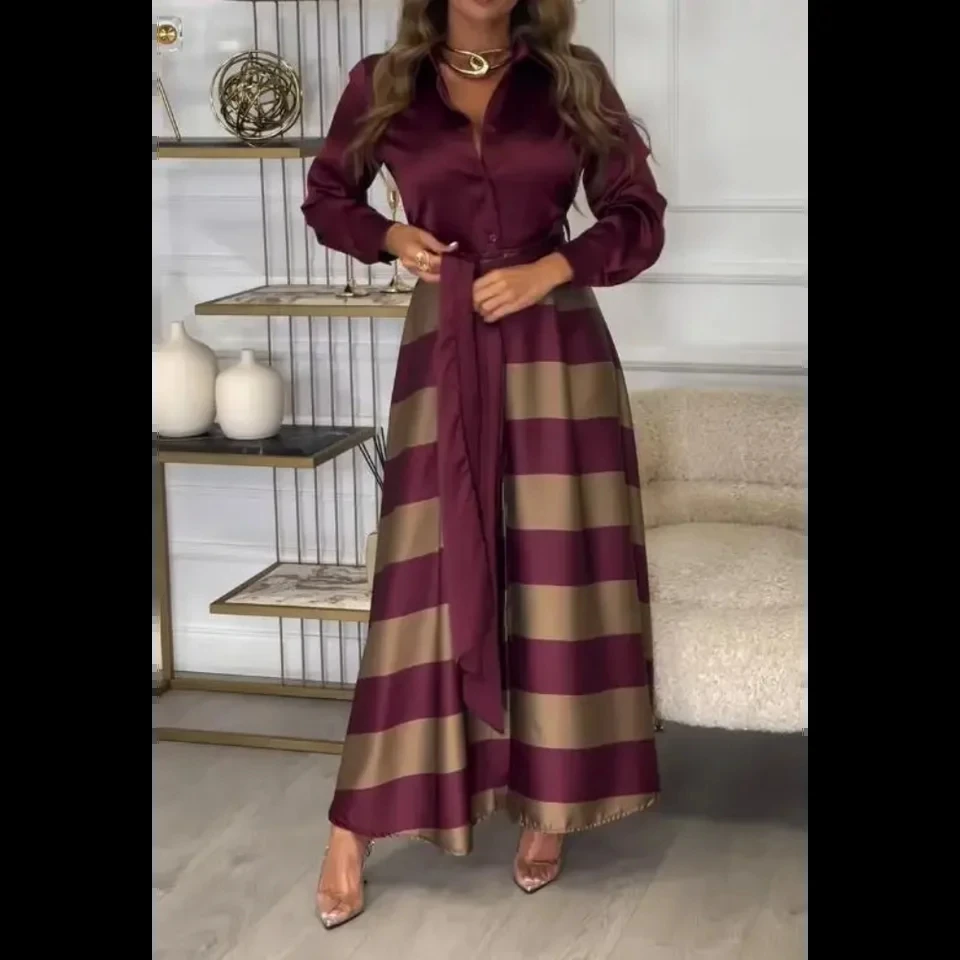 

2025 Spring Elegant Dress Women Flip Collar Two Long Sleeved Shirts Top with Tie Stripes A-Line Skirt with Long Dresses