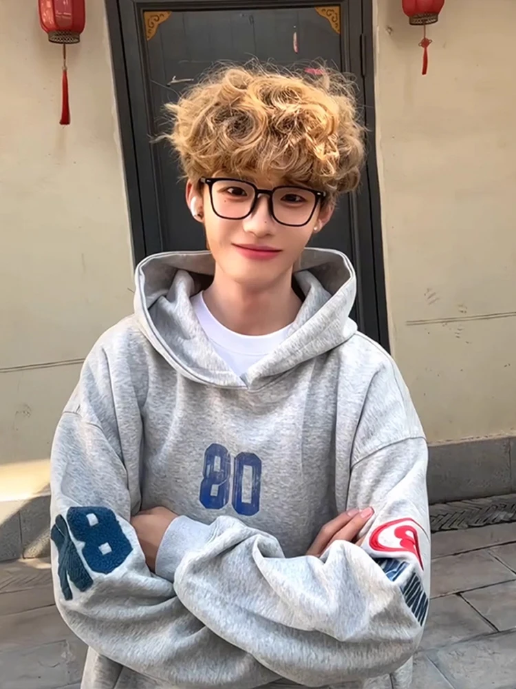 

Мужская толстовка с американским принтом, свободного кроя, повседневная, для пар, уютная верхняя одежда из полиэстера, осенняя, с длинными рукавами