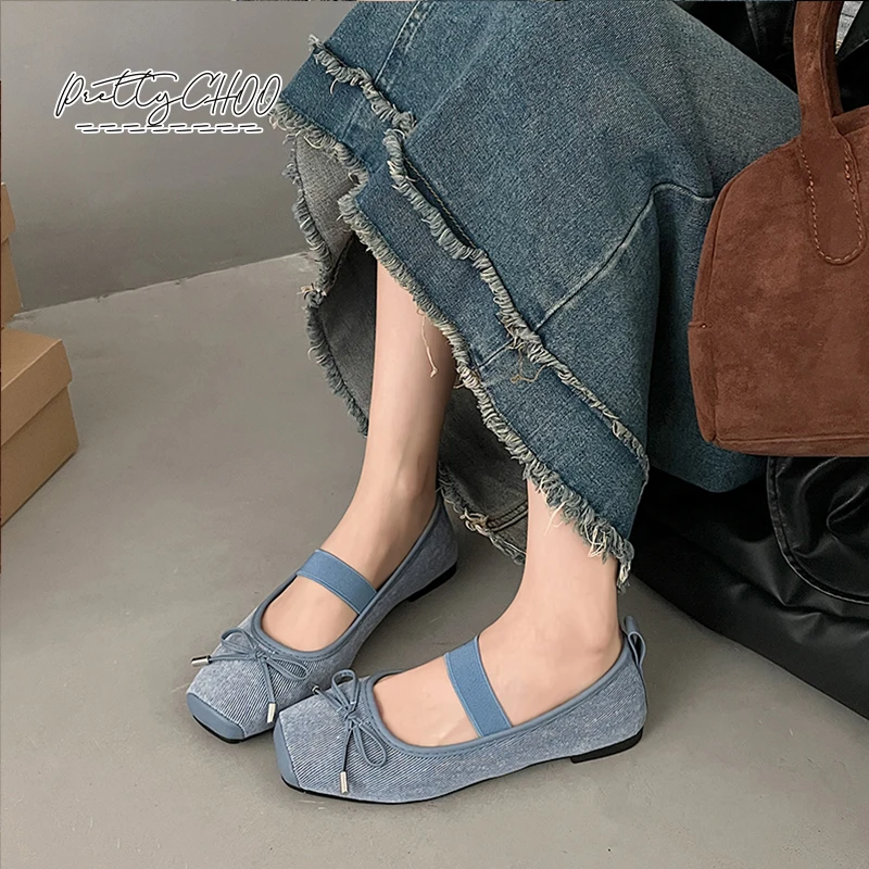 Elegant Lace Tie Leg Denim Blue Ballet Flats Woman Square Toe Bowknot Elastic Band Leather Ballerinas Ladies Evening Party Shoes