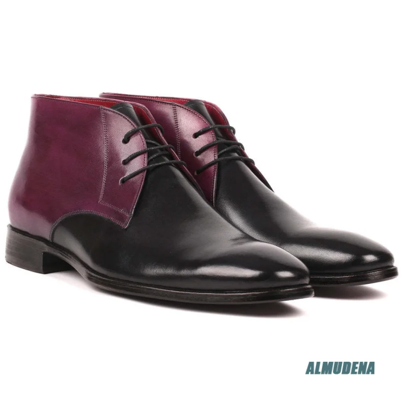 Spliced Polished Leather Chukka Boots Men Fashion Lace Up Round Toe Shoes Outdoor Spring Autumn New High Cut Formal Ankle Boots