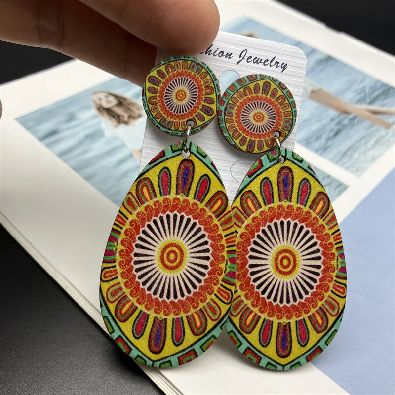 Bohemian Ethnic Colorful Printing Geometric Wooden Earrings for Women Simple Unique Pattern Statement Earrings Vacation Jewelry