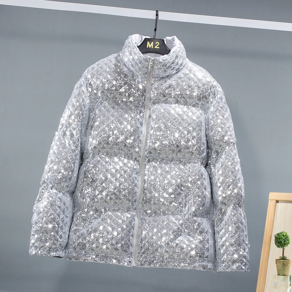 Winter High Quality Men Sequin Padding Jackets Bright Loose Fit Thick Warm Men's Oversized Parka Plus Size Fashion Mens Clothing