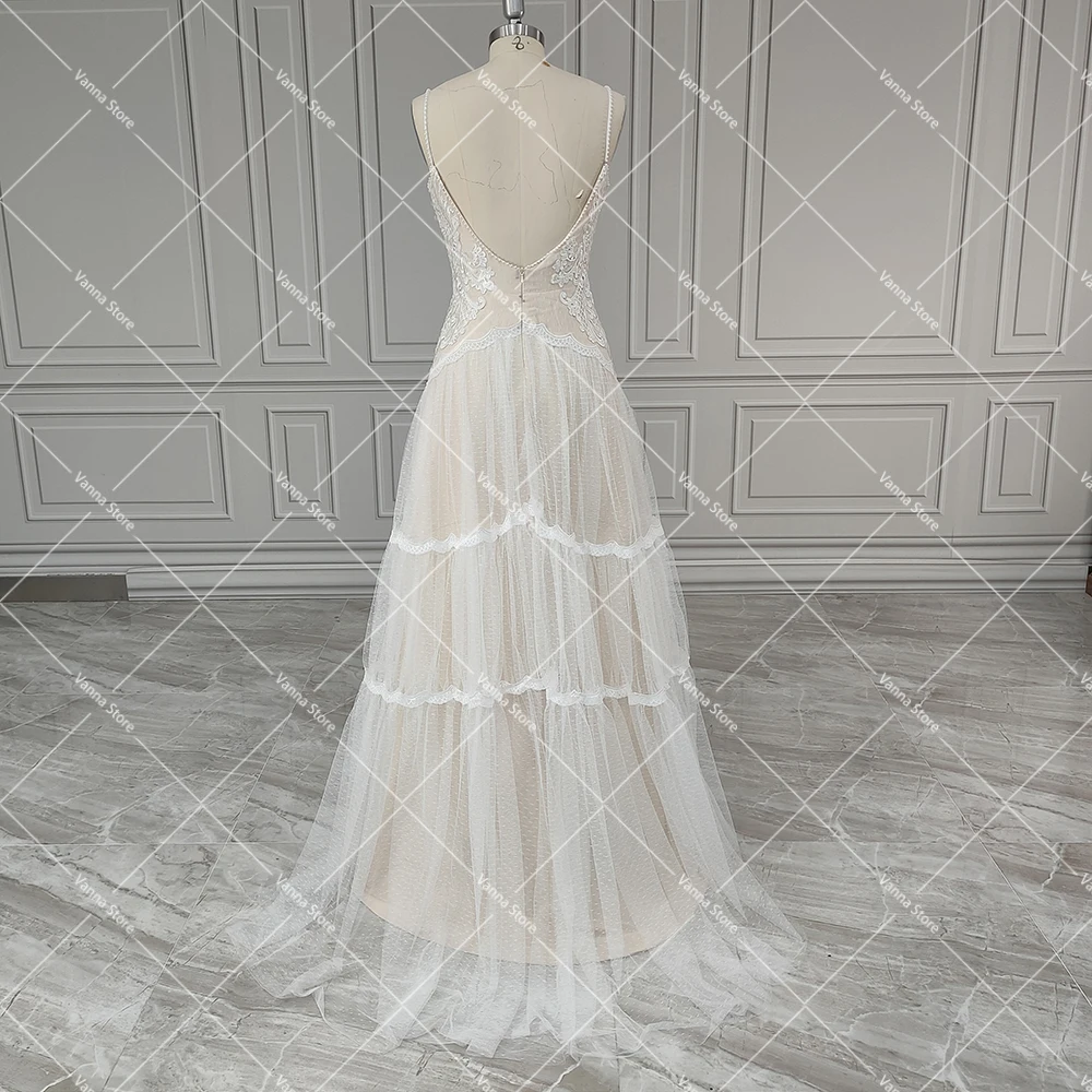 Robe de Mariée en Dentelle de Style Boho avec Bretelles Spaghetti Personnalisées, en Tulle à Plusieurs Niveaux, Coupe Slim Romantique, Ligne A, Dos aux, pour Patients